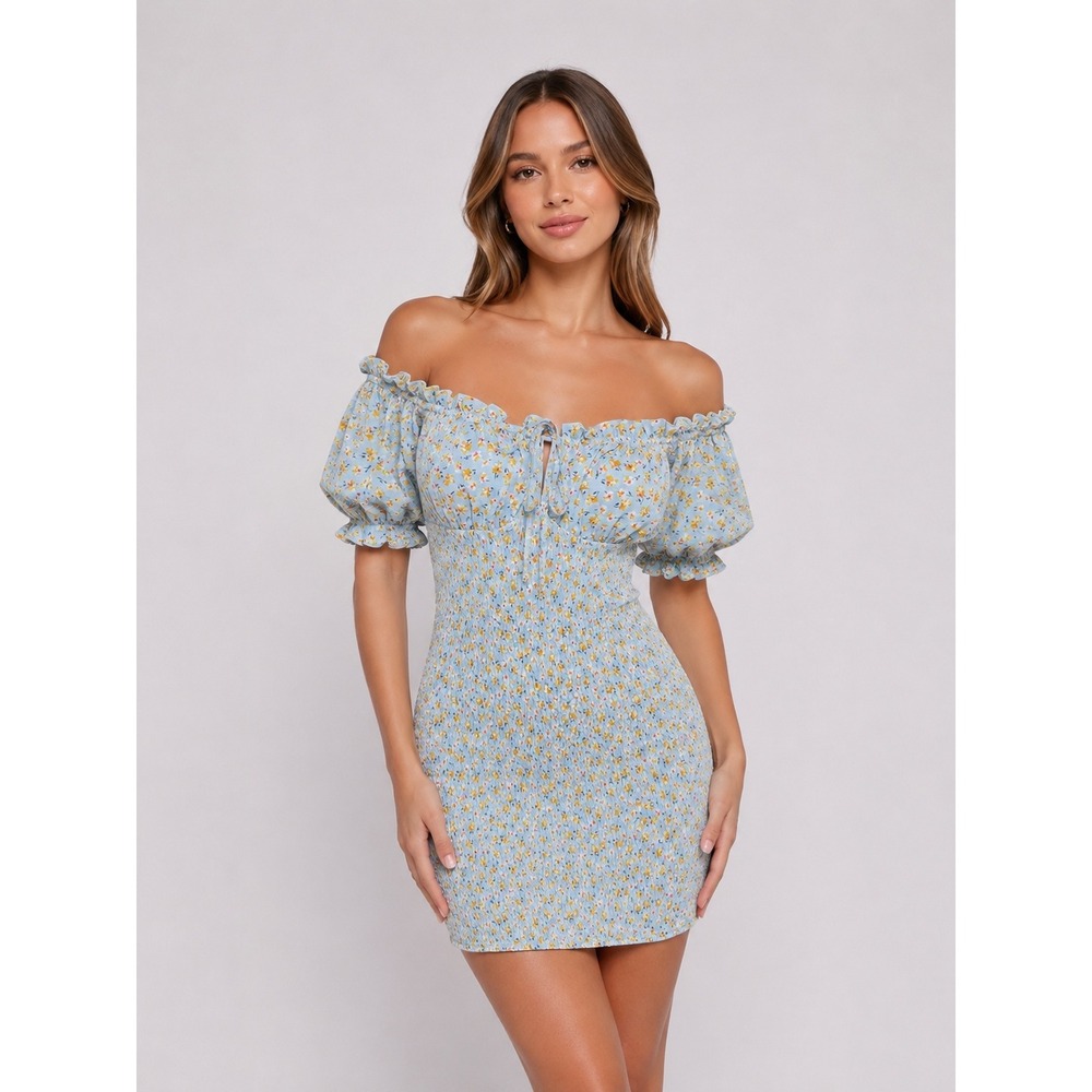 Haute Monde Cottagecore Floral Smocked Mini Dress Off Shoulder Puff Sleeve L